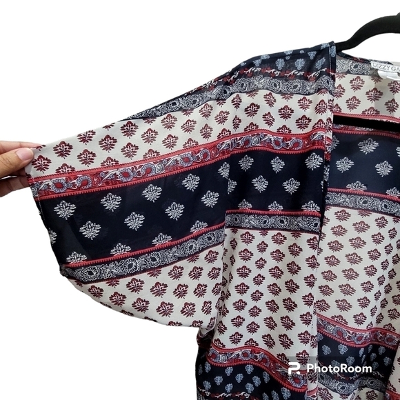 Large Americana Print Boho Kimono Coverup Sheer Beachy - Picture 3 of 5